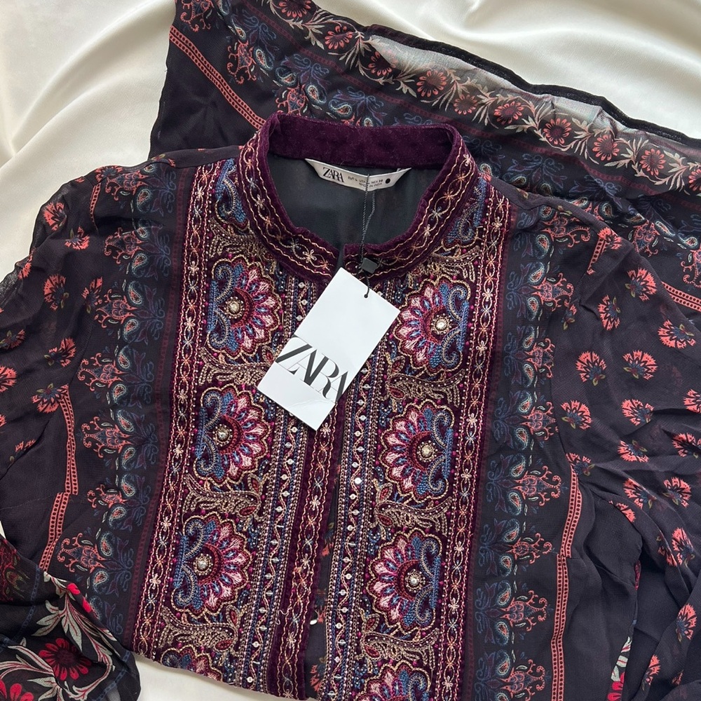 ZARA Black & Burgundy Embroidered Boho Dress